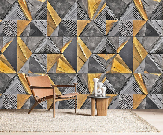 AFZEVEB-3D Geometric Wall Mural Gray and Gold Wallpaper for Bedroom 114"x74"(Not Peel and Stick)