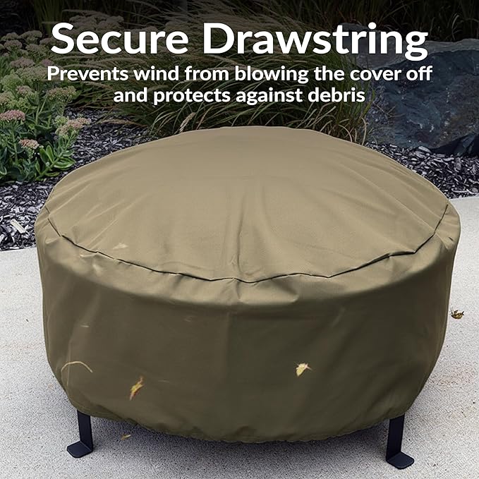 Sunnydaze Round Outdoor Fire Pit Cover - Heavy-Duty 300D Polyester and PVC with Drawstring Closure - Khaki - 48-Inch
