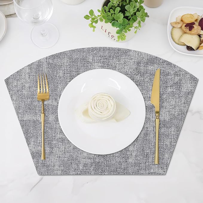 Homaxy Round Table Placemats Set of 6, Washable Wedge Shaped Faux Leather Table Mats, Wipeable Kitchen Dinner Place Mats for Indoor Outdoor, Black & White