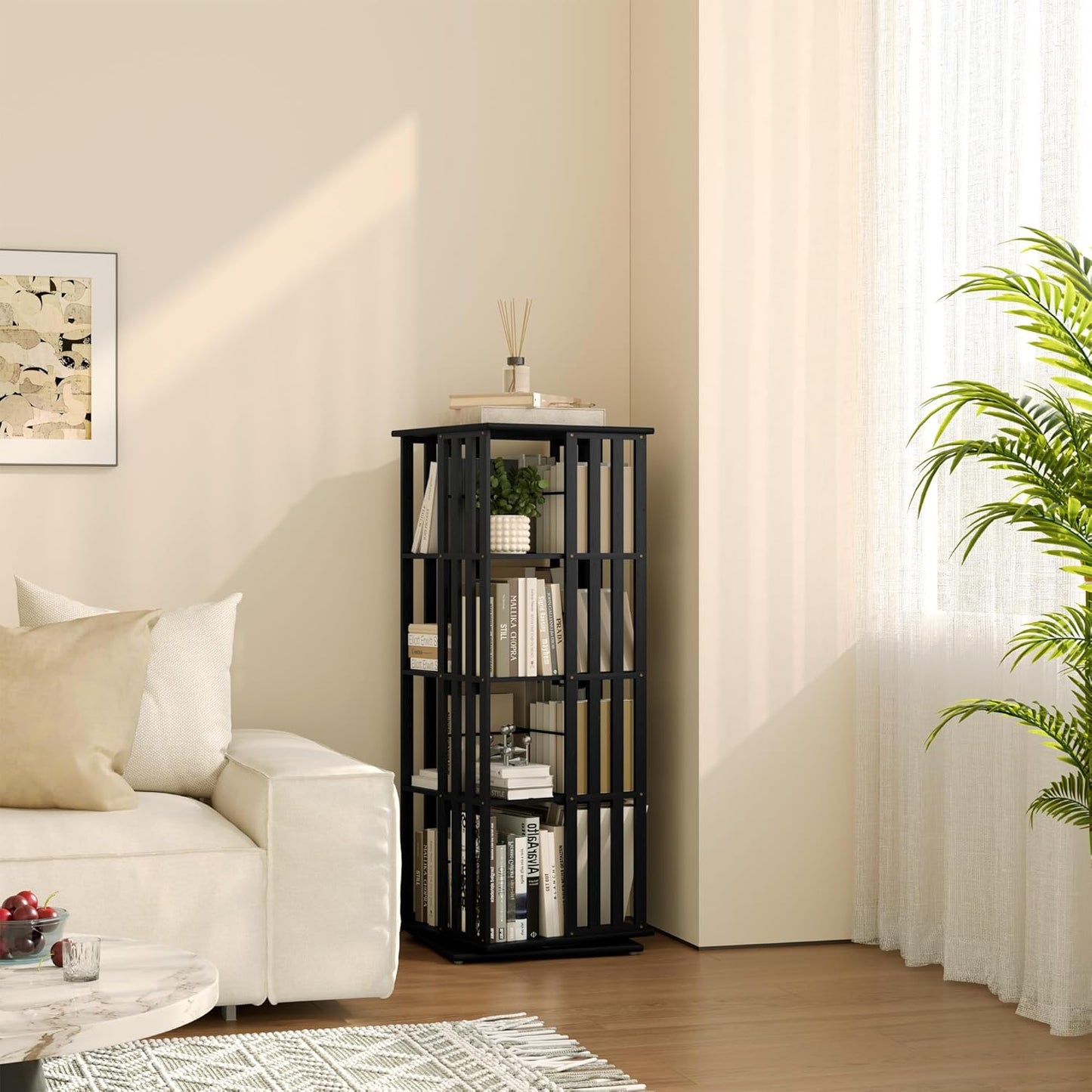 YOWOS Rotating Bookshelf Tower, 360 Display Spinning Bookcase, Bamboo Bookshelf Floor Standing Storage Rack, Wood Narrow Book Shelf Organizer for Kids&Adults (Black, 4 Tier)