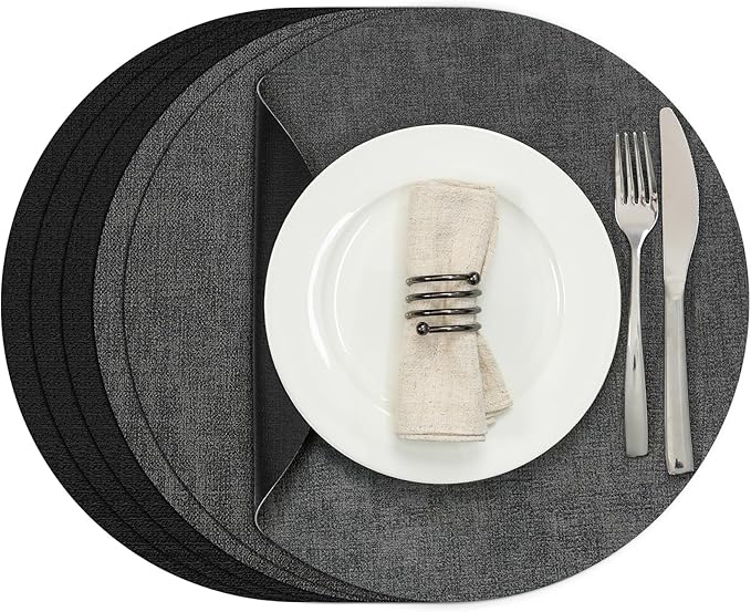 Myir JUN Round Placemats, Dual Sided Faux Leather Place Mats Set of 6 Indoor/Outdoor Non-Slip Washable Table Mats (Gray Black, Set of 6)