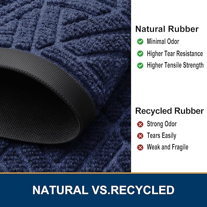 Smiry Front Door Mat Outside Entrance, Heavy Duty Sturdy Natural Rubber Doormat, Trap Dirt and Moisture, Easy Clean Low Profile Mats for Indoor Outdoor Entry, Grid Geometric (59x24, Navy Blue)
