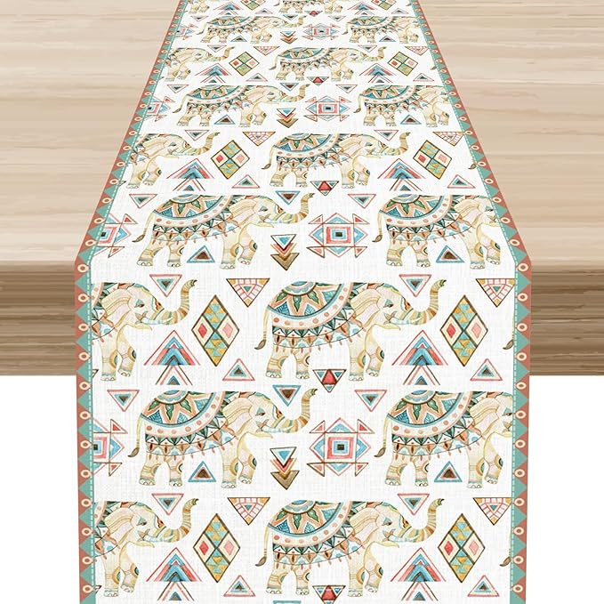 Boho Elephant Table Runner, Rustic African Tribal Indian Diwali Aztec Bohemian Green Geometric Coffee Table Center Decor for Home Kitchen Dining Holiday Party Outdoor Table Decorations, 13"x90"