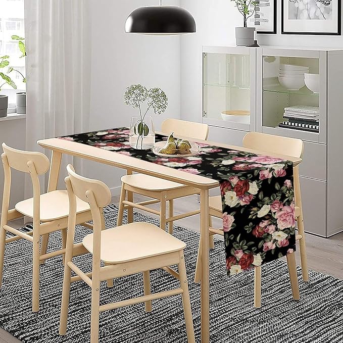 Gothic Floral Table Runner,Vintage Pink Red Rose Flower Print Table Runner for Kitchen Dining Table Indoor Outdoor Home Party Decor,Black 13x90in
