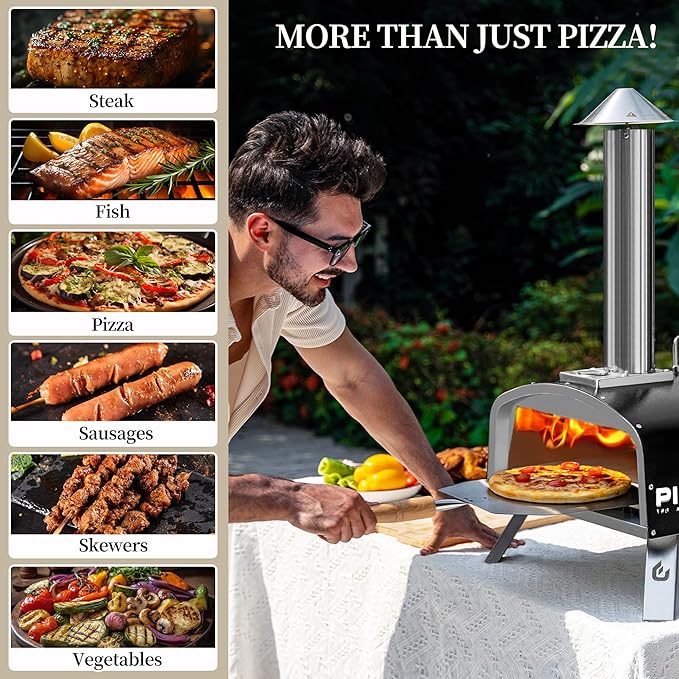 PIZZELLO Propane Pizza Oven Wood Fired Outdoor Foldable Pizza Ovens with Gas Burner, Wood Tray Pizza Stone, Pizza Peel, Cover (Black)