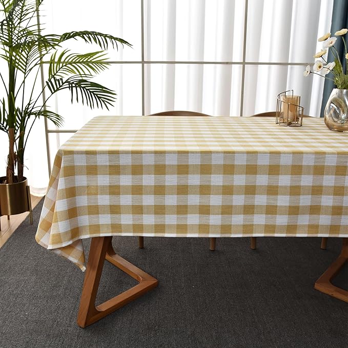 Gingham Table Cloth for Square Tables Yellow Checkered Plaid Tablecloth Heavy Duty Cotton Blend Washable & Wrinkle Table Cover for Outdoor Kitchen Dining Picnic Camping (52x52 Inch)