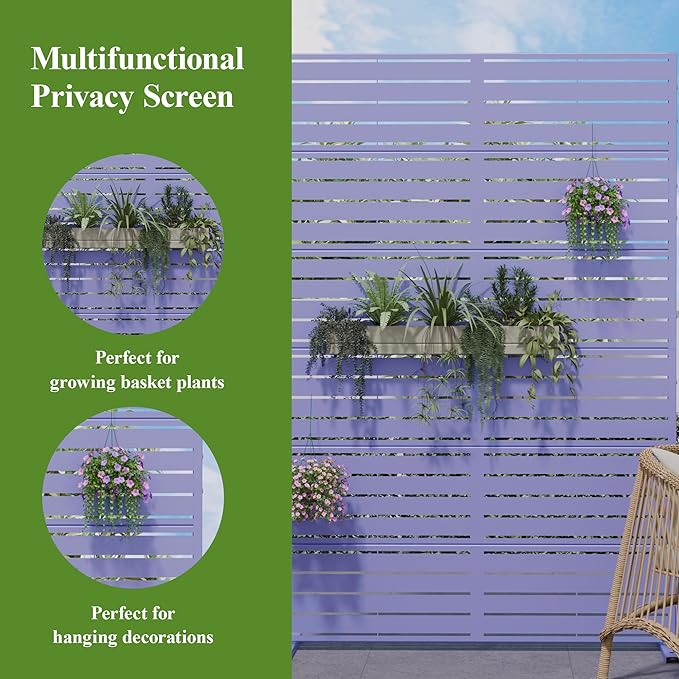 Casaphoria Metal Privacy Screen Outdoor, 72" H x 47" W Freestanding Decorative Privacy Screen for Patio Deck Balcony Garden with Stable Base, Purple-Louvered