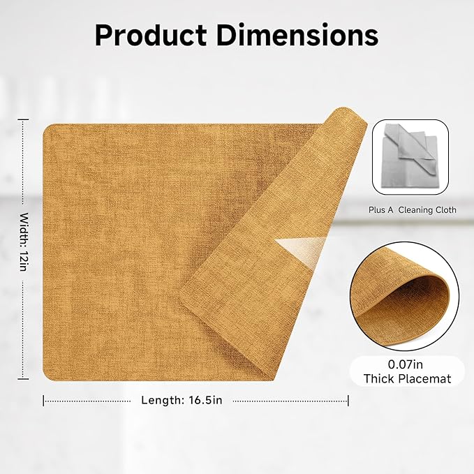Faux Leather Vinyl Placemats Set of 6 Wipeable Heat Resistant Place Mats 100% Washable - Waterproof - Anti Slip Reversible Table Mats for Kitchen/Dining/Party/Outdoor, 12" x 16.5", Yellow