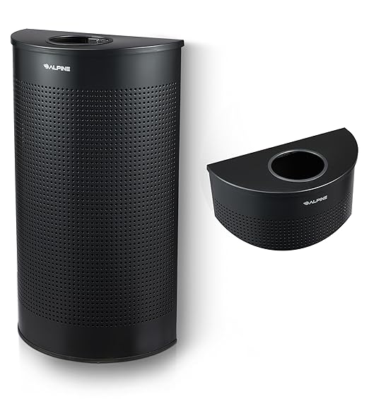 Alpine Half Round Trash Can Open Top - Modern Black Metal 12 Gallon Half Moon, Space Saving Indoor Commercial Trash Cans with Lid, Narrow Garbage Can for Bathroom, Office, Lobby and Business.