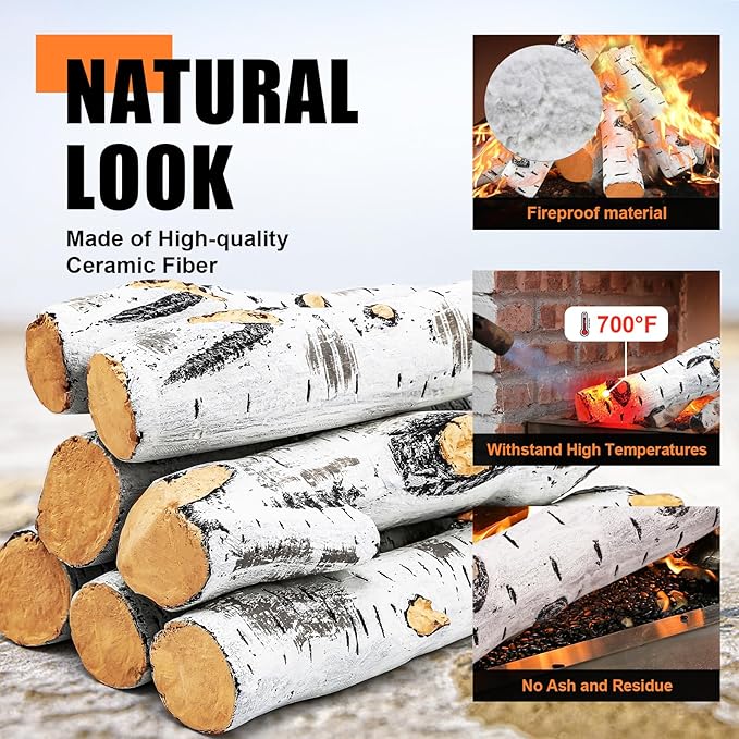 Gas Fireplace Logs, Birch Logs 7pcs Fake Fireplace Insert, Faux Ceramic White Birch Wood Firepit Firebowl Indoor or Outdoor Decor