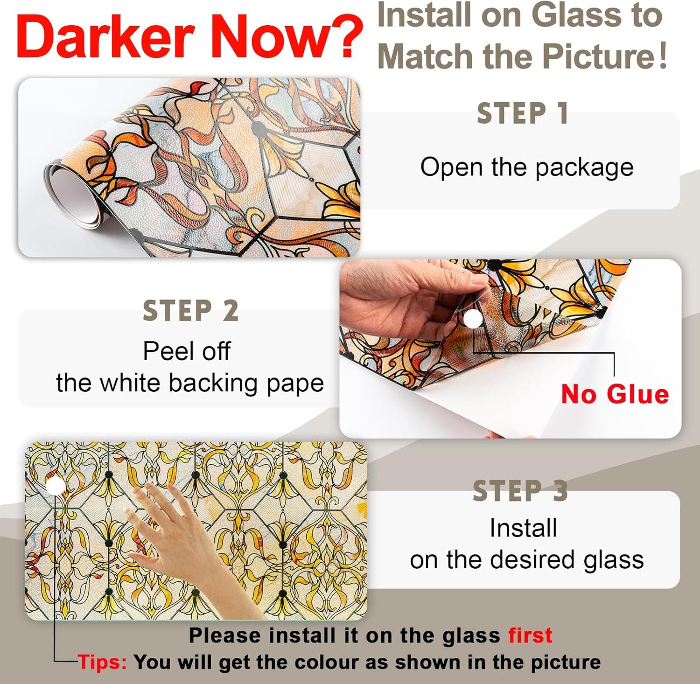 3D Stained Glass Window Privacy Film, Heat Control UV Blocking Static Cling Decorative Window Film for Bathroom,Front Door,Home Non Adhesive 16.9 x 39.3 inches Golden Filigree