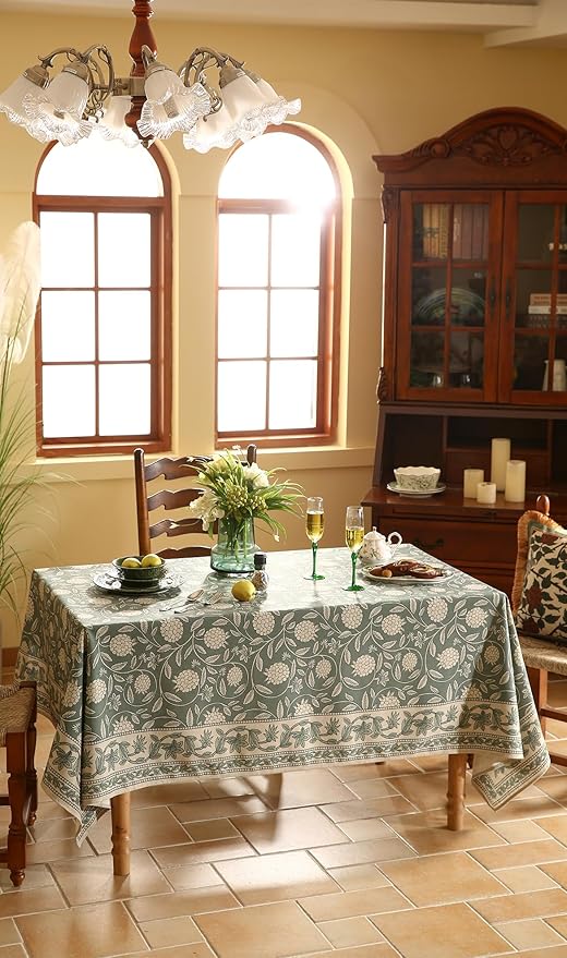 ISAENNE Designer Grayish Green Linen Extra Long Tablecloth Rectangle,Floral Stain Resistant Table Cloth,Fall Vintage Decor Tablecloths for Dining Thanksgiving Kitchen,63"*110"-Andrew A