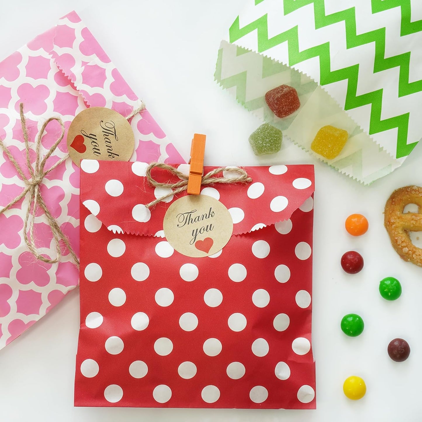 KEYYOOMY 100 Pcs Hot Pink Candy Buffet Bags Small Cookie Bags Polka Dot Paper Treat Bag for Wedding Birthday Party (5 inch x 7 inch)