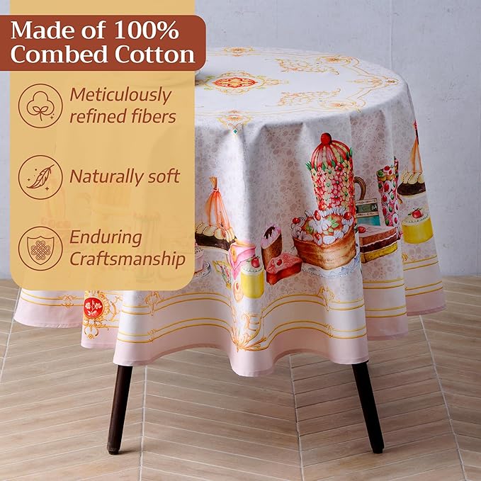 Maison d'Hermine Premium Table Cloth Round Table 100% Cotton 70 Inches Tablecloth Reusable Decorative Everyday Use for Dining Room, Farmhouse, Home, Party, Festive & Wedding - Pastries