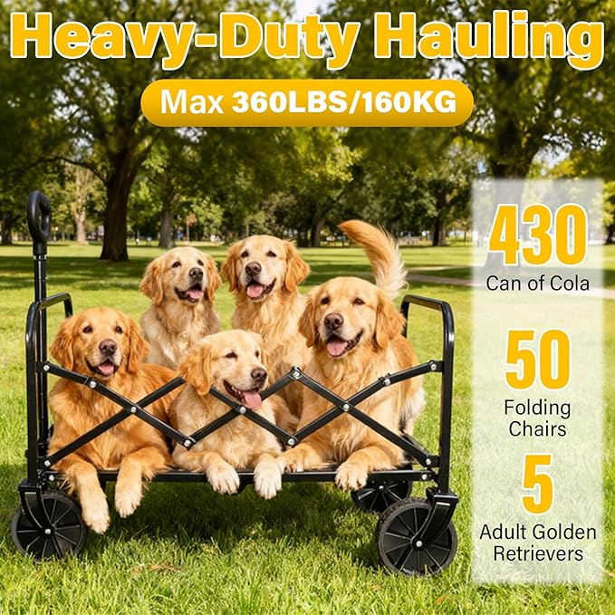 Wagons Carts Foldable, Collapsible Wagon with Wheels — Durable Foldable Wagon for Groceries,Picnic & Pets, Small Hauls, Apartment Moving & Storage, Portable Utility Pull Wagon Cart, 360lbs, Black