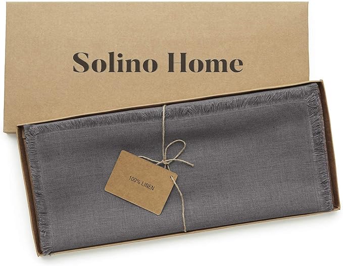 Solino Home Linen Charcoal Table Runner 120 Inches Long - Fringe, 100% Pure Linen 14 x 120 Inch Table Runner for Winter - Handcrafted and Machine Washable