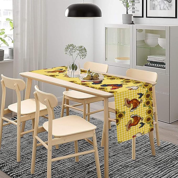 Farm Rooster Table Runner, Retro Western Farmhouse Chicken Sunflower Retro Yellow Buffalo Grid Print Table Runner for Dinning Holiday Party Indoor Outdoor Decor, 13x120inch