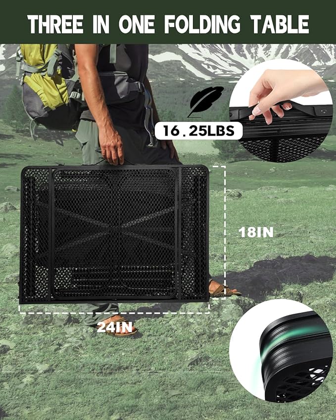 4ft Folding BBQ Table with Wing Plate, Height Adjustable Metal Table with Small Charcoal Grill, Portable Outdoor Table Removable to Two Tables (Bright Black)