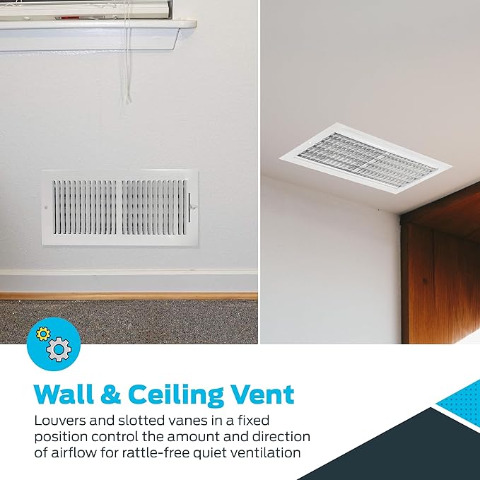 EZ-FLO 14 x 6 Inch (Duct Opening) Air Vent Cover for Wall or Ceiling, Two-Way Ventilation Register, Solid Steel HVAC Register Cover, White, 61613