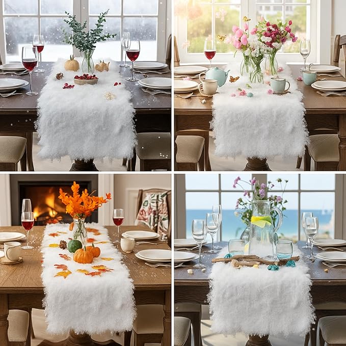 Zeyune 2 Pcs Fake Moss Table Runner for Crafts 12'' x 71'' Artificial Moss Sheet Roll Waterproof Carpet Blanket for Wall Roof Garden Wedding Birthday Party Table Decoration (White)