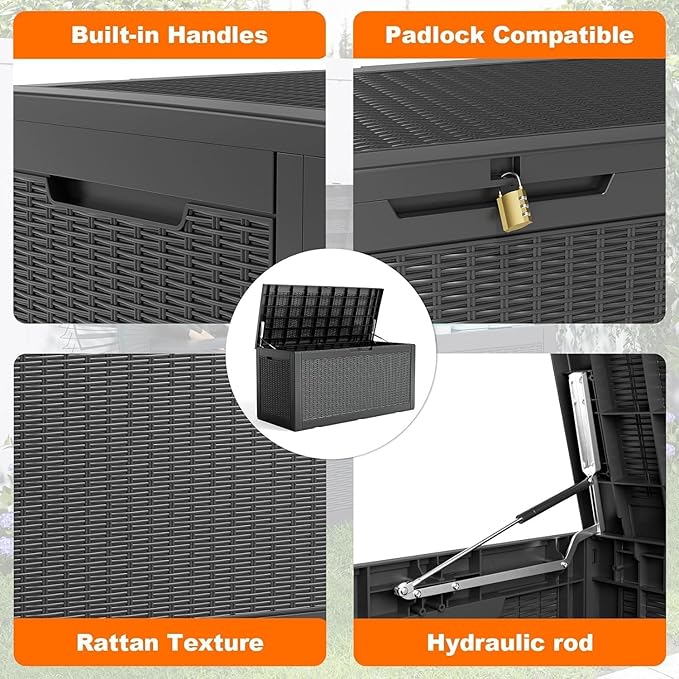 120 Gallon Deck Box,Resin Outdoor Storage Box with Lockable for Patio Furniture, Pool Accessories, Garden Tools Waterproof Outside Storage Box, Black