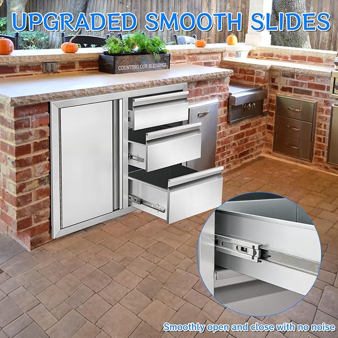 Outdoor Kitchen Drawer Combo Cabinet, Stainless Steel Triple Drawers with Integrated Access Door, 28" W x 22" H x 19.5" D Outdoor Built-in Cabinet for BBQ Island Grill Stations