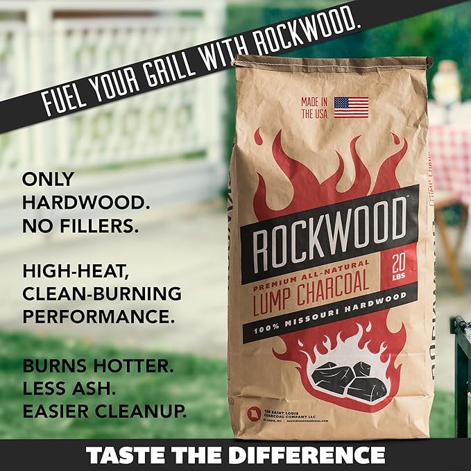 Rockwood Premium Hardwood Lump Charcoal – Oak, Hickory & Cherry Blend for Restaurant Quality Barbecue Smoking & Grilling – Smoky Flavor BBQ, Clean Burning for Kettle & Kamado Grills – 20lbs (6 Packs)