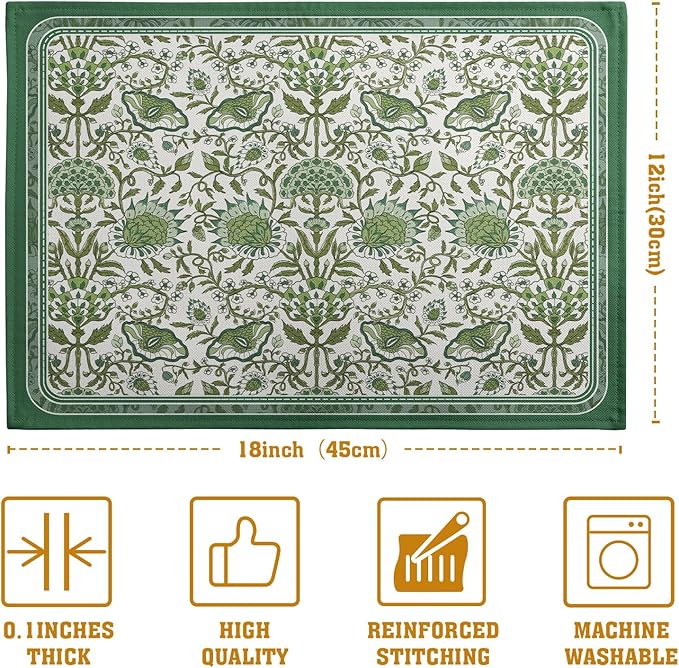 Green Floral Boho Placemats Set of 4, 12x18 Inch Vintage Chinoiserie Block Print Place Mats Seasonal Spring Summer Rustic Farmhouse Table Mats for Party Kitchen Dining Outdoor Indoor Decor