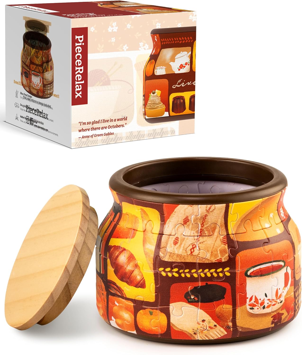 PieceRelax 3D Puzzle Jar 64 Plastic Pieces for Adults - Live Cozy - Wooden Lid Container for Kitchen Dining Study Living Room No Glue Requied Small [BC1021]