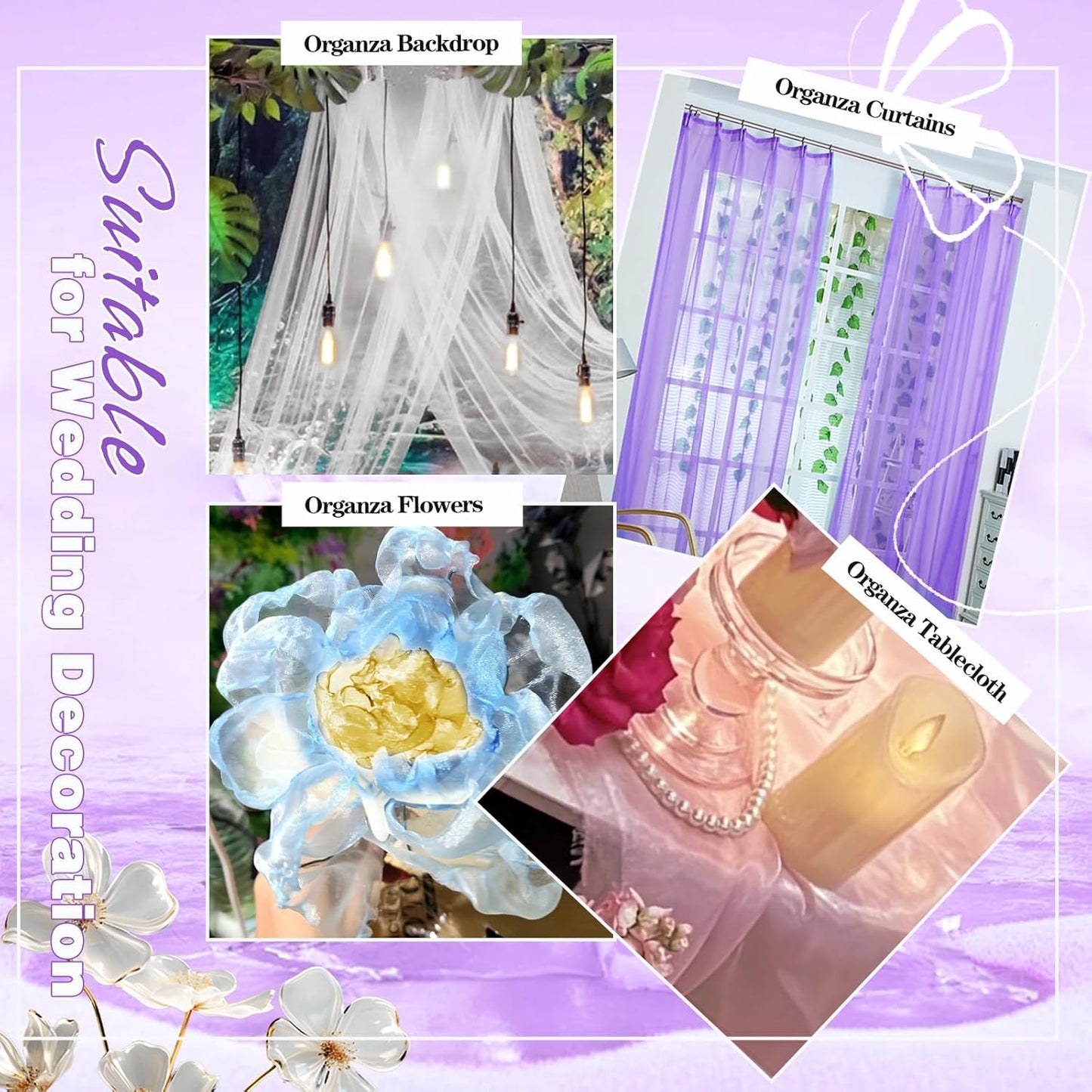 VACVELT Sheer Organza Fabric by The Yard, 60 Inch Wide Light Purple Organza Fabric Bolt Bridal Sheer Tulle Fabric, Silk Organza Fabric Roll for Wedding Party Decorations Backdrop Curtain (2 Yards)