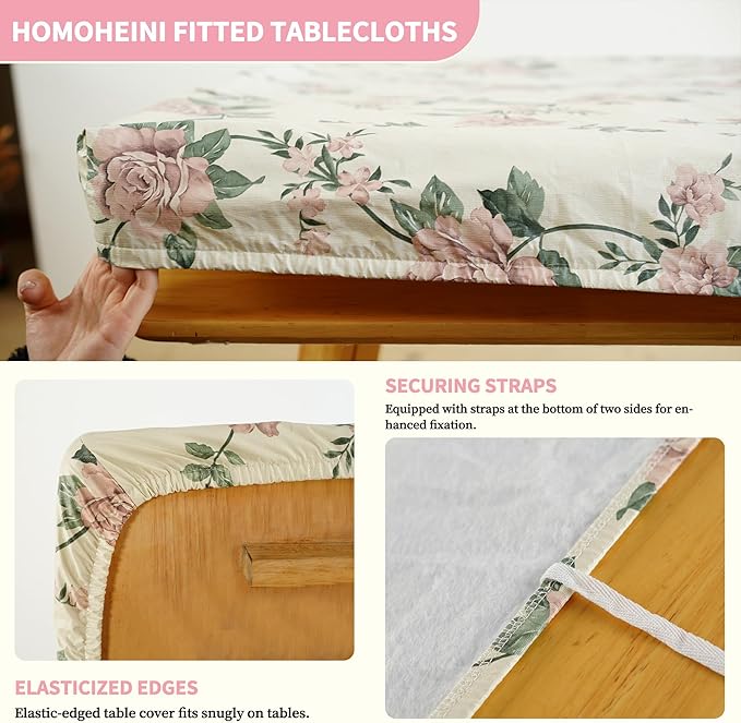 Rectangle Picnic Table Cloth, Elastic Waterproof Fitted Vinyl Tablecloths for 8 Foot Tables, Wipeable Flannel Backed Table Covers for Dining, Camping, Outdoor(Rose,30"x96")