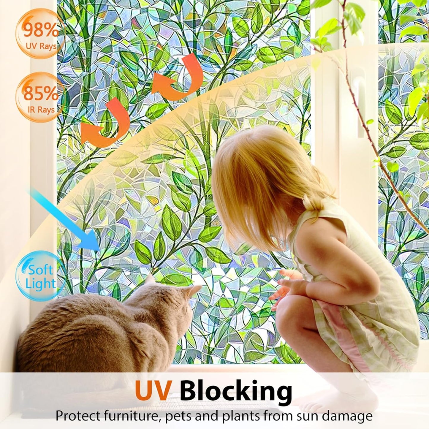 Niviy Window Privacy Film Stained Glass Window Film with Installation Tools, Rainbow Windows Decorative Decals Non-Adhesive Reusable for Home, Bathroom, Glass Door (Leaf Rainbow, 17.5 x 118 in)