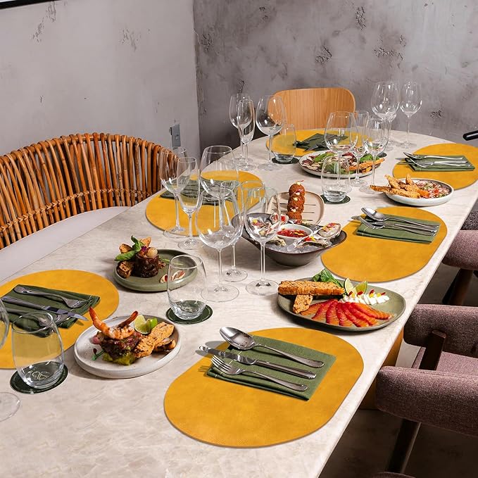 ADRIMER Placemats, Heat Resistant Oval Placemats Set of 8 Washable 12 x 17 Inch, Waterproof Table Mats, Wipeable Pu Place Mats for Kitchen, Dining Room, Yellow