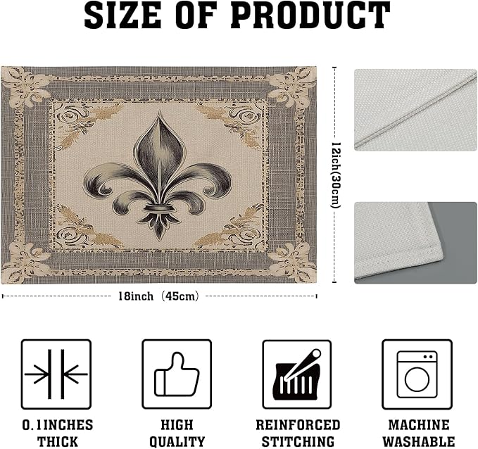 Giwawa Fleur De Lis Placemats Set of 4 Vintage Mardi Gras Washable Place Mat 12"x18" Country Style Rustic Farmhouse Non Slip Double Sided Table Mats for Kitchen Dining Holiday Party Decor