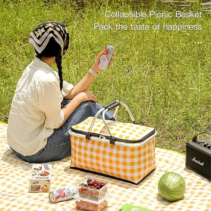 Insulated Picnic Basket Cooler Bag with Leak-Proof Liner, 26L Large Capacity for 12 Adults, Picnic Basket with Sturdy Handles for Outdoor Activities, Travel, Beach, Camping (Yellow)
