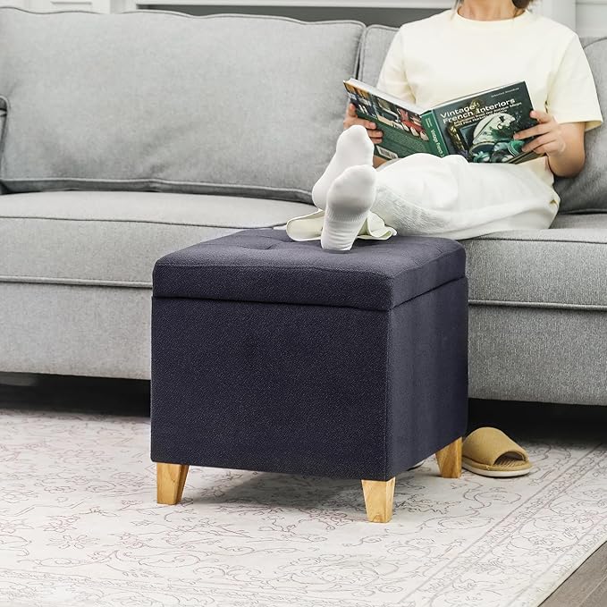 Homebeez Tufted Grainy Linen Fabric Storage Ottoman Square Cube Foot Rest Stool with Flip Top (Dark Gray)