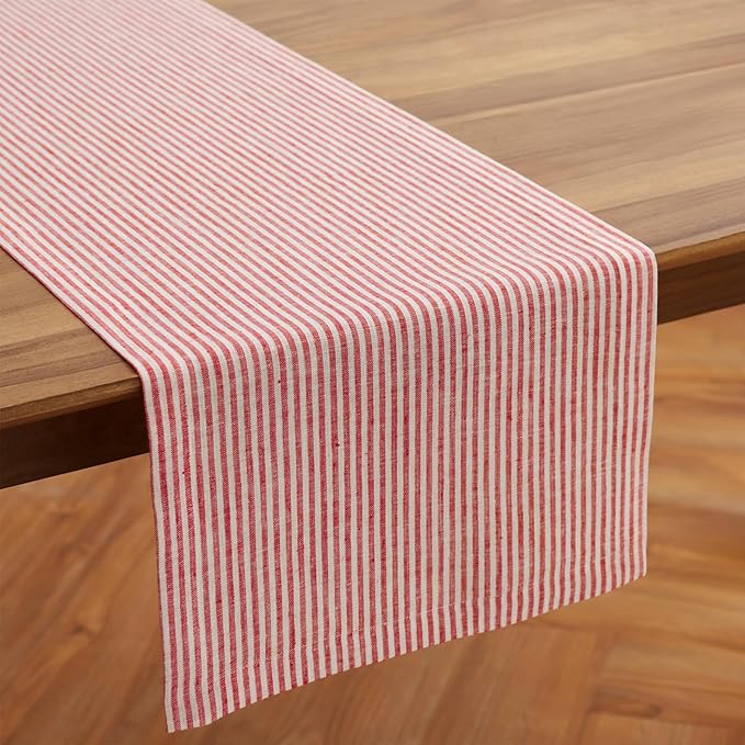 Solino Home Linen Striped Table Runner 108 Inches Long - Narrow Stripe 100% Pure Linen Red and White Dining Table Runner 14 x 108 Inch for Valentines, Winter, Spring, Easter