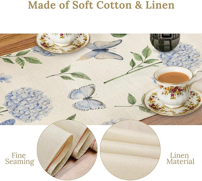 Hydrangea Butterfly Table Runner, Seasonal Spring Summer Table Runner for Holiday Kitchen Dining Home Party Outdoor 13x90in
