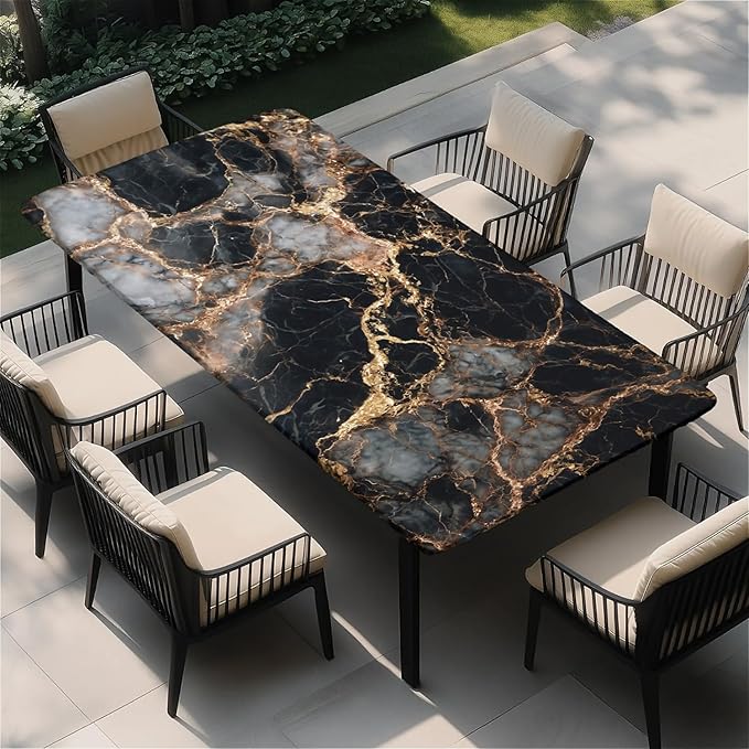 Rectangle Table Cloth Cover Waterproof Elastic Fitted Polyester Fitted Tablecloths for 4 Foot Tables for Indoor,Picnic, Camping, Outdoor （48" x 30"，Black Marble）
