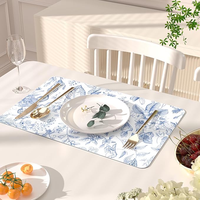 QIYI Placemats Set of 6, 12x18 Inch Faux Leather Place Mats for Kitchen Dinning, Heat Resistant Anti Slip Floral Table Mats, Waterproof Wipeable Washable Placemat Party Table Décor, Blue Flowers