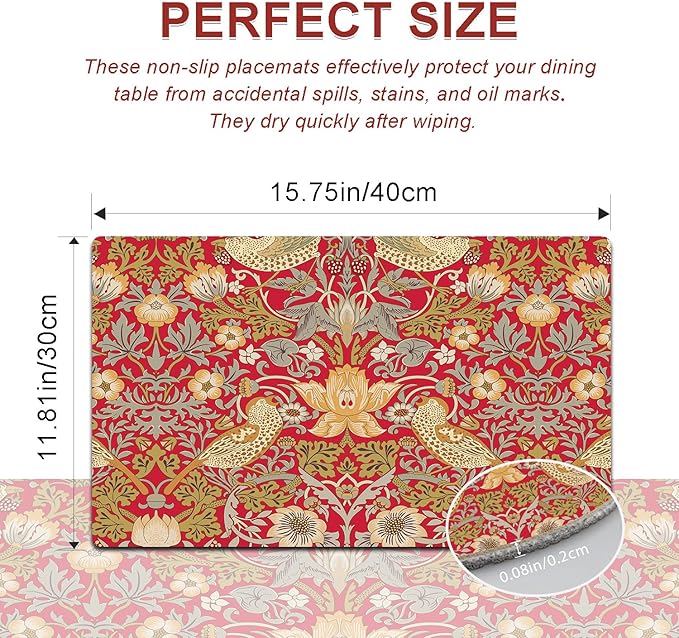 Strawberry Thief Red Placemats - Placemats Set of 4 Faux Leather Heat Resistant for Dinner Table, Non-Slip Waterproof Oil-Proof Washable Reusable Placemat for Indoor Outdoor Kitchen
