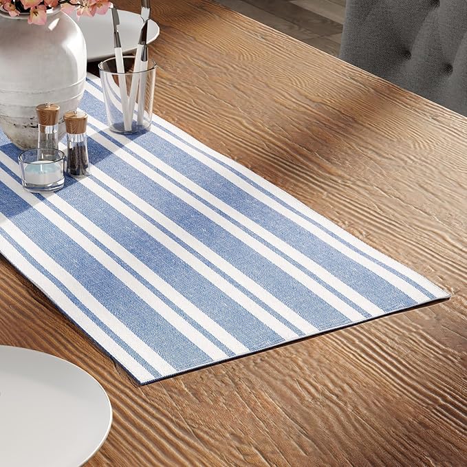 Encasa XO Cotton Dining Table Runner | Franca Blue Stripes | Size 13x36 in - Machine Washable & Durable