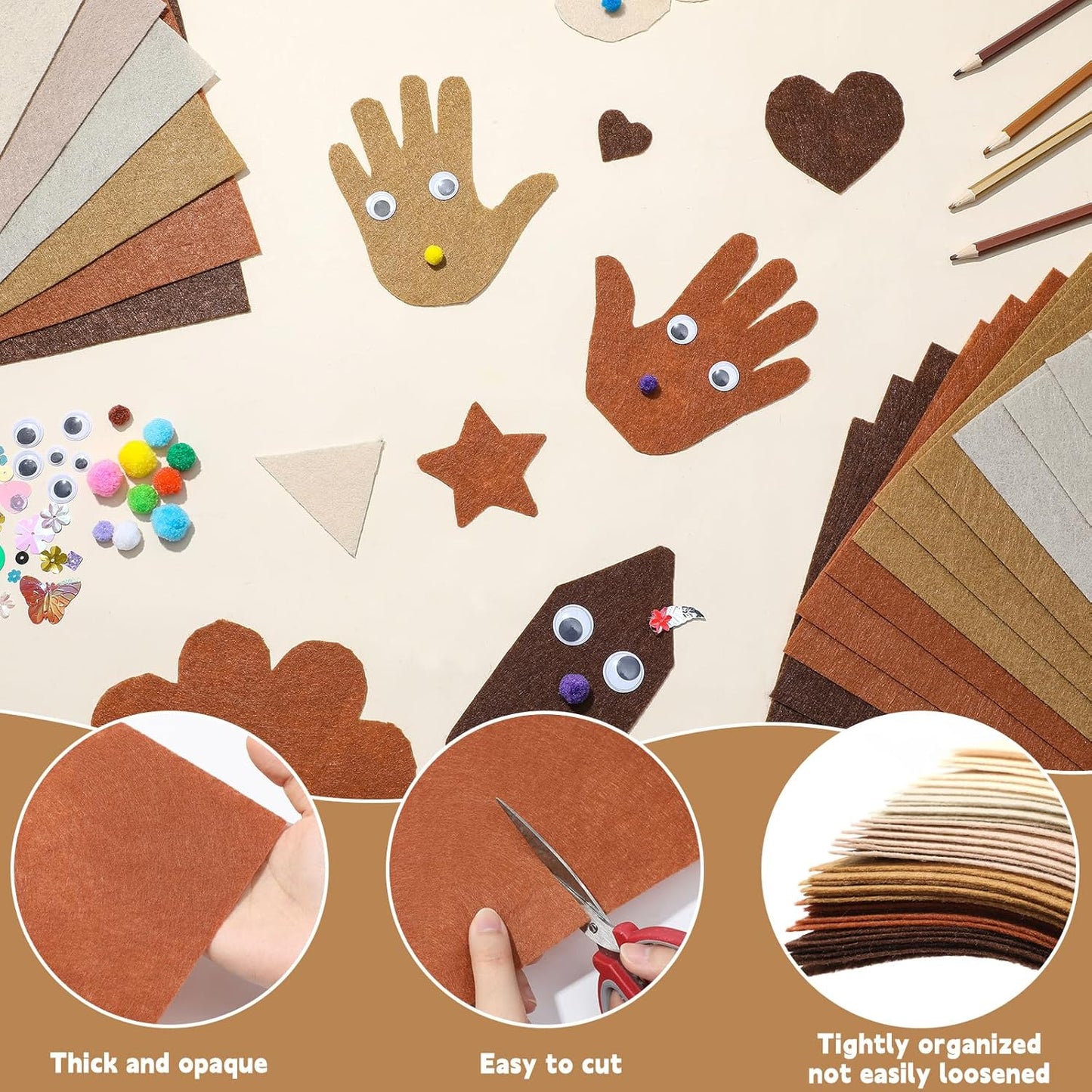 gisgfim 42Pcs Brown Felt Fabric Sheets Craft Kit 8 x 12 Inch Assorted Soft Thick Tan Felt Pack with Wiggle Google Eyes Pom Poms Glitter Patchwork Craft Supply for DlY Sewing Creative Art Project Decor