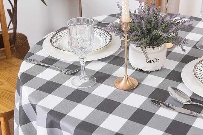 Cupuamon 2 Pack Waterproof Polyester Fabic Round Checkered Tablecloth，60 Outdoor Table Cloth，Oil Stain Prevention Table Cloth for Pinics and Parties（Gary and White）