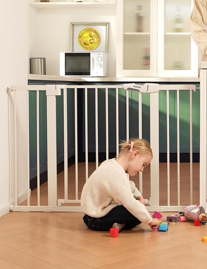 Babelio Metal Baby Gate, 29-43" Auto Close Easy Install Pet Gate PressGuard P7, Extra Wide Walk Thru Child Safety Gate, 30" Tall Pressure Mounted Dog Gate for Doorways & Stairs, White