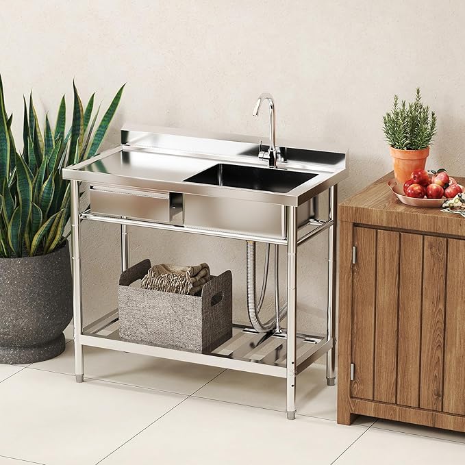 Stainless Steel Utility Sink, 39'' Free Standing Single Bowl Kitchen Sink with Drawer, Cold and Hot Water Pipe, Indoor and Outdoor for Laundry Room Farmhouse Kitchen(39 inch)