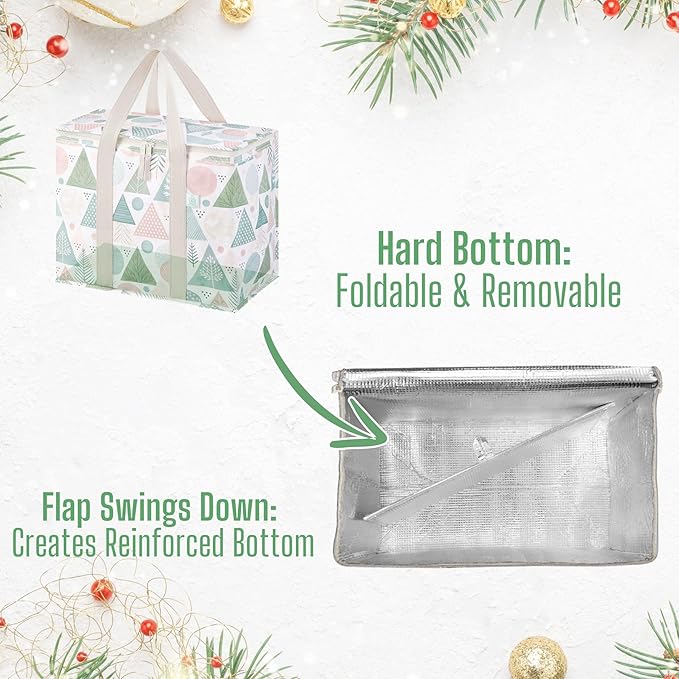 VENO 2 Pack Cooler Bag, Insulated Grocery Bags for Food Delivery, Collapsible Cooler, Reusable Shopping Bags for Groceries, Hard Bottom, Zippered, Foldable, Christmas Pattern (Pastel Forest, 2 Pack)
