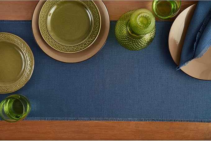 Solino Home Linen Fringe Table Runner 72 Inches Long - 100% Pure Linen Vintage Blue Table Runner 14 x 72 Inch for Winter, Spring, Easter
