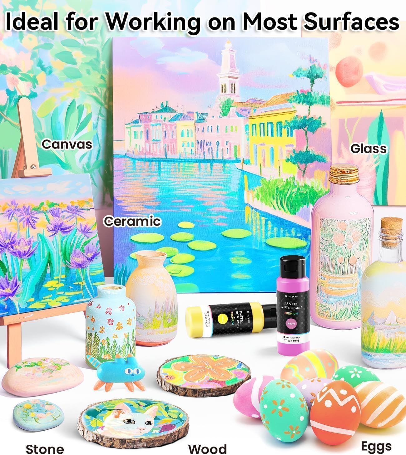 40 PCS Pastel Acrylic Paint Set with 12 Brushes, 2 Knives & Palette, 24 Colors (2oz/60ml) Art Craft Paint for Adults Kids Artists Beginners, Halloween Pumpkin Canvas Ceramic Rock Painting Kit