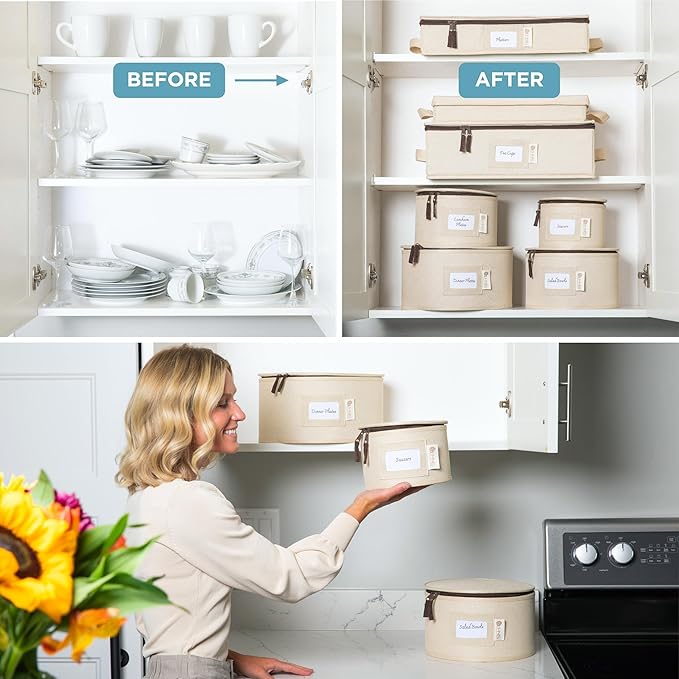 China Storage Hard Shell Containers 12-Piece Set Moving Boxes for Dinnerware, Glasses, Plates, Mugs and Saucers Sturdy Dish Organizer with Dividers for Seasonal Storage - Service for 12 - Beige